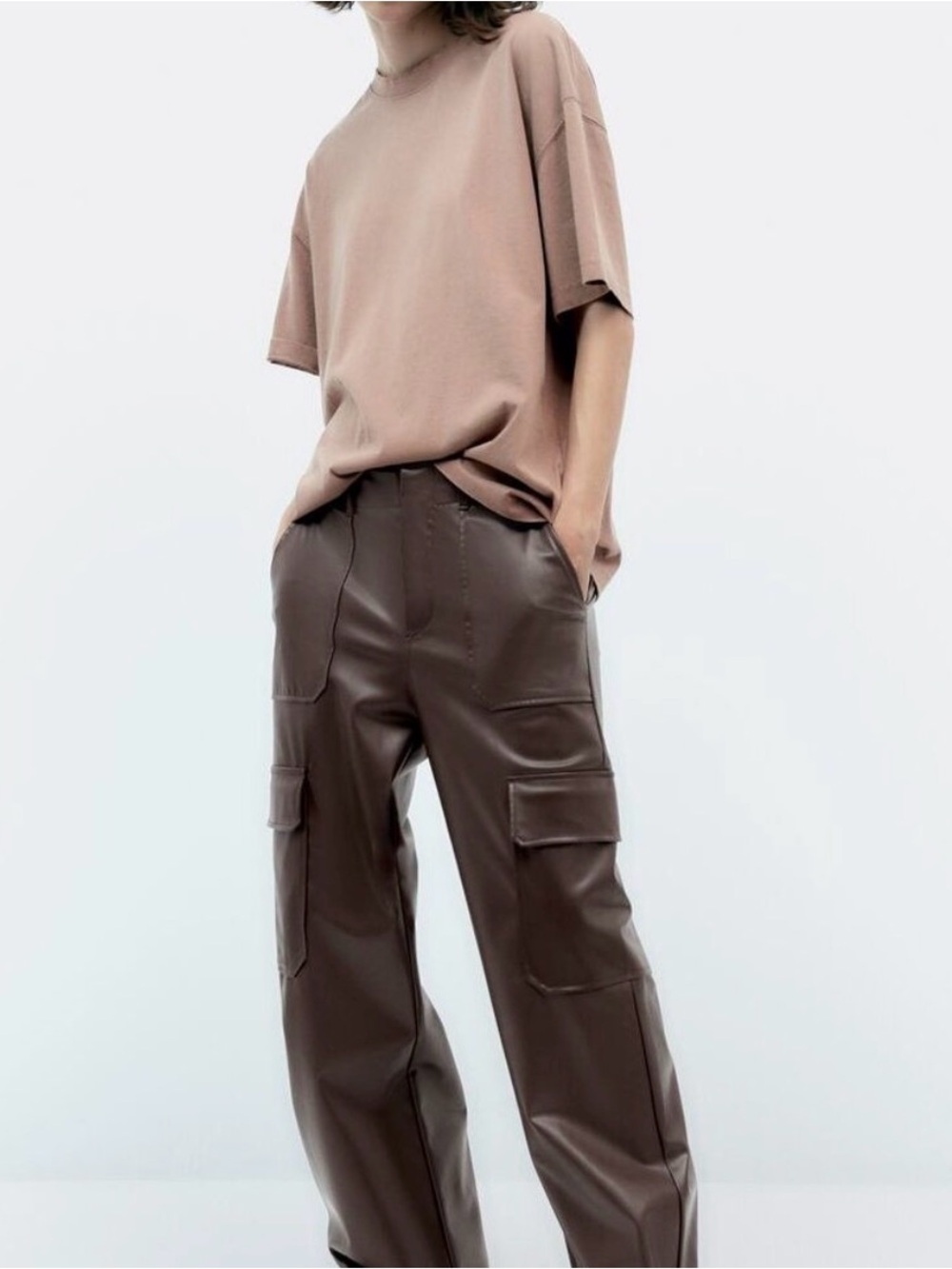 Zara Brown Faux Leather Wide-Leg Cargo Pants
